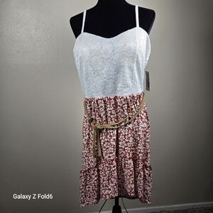 No Boundaries Women’s XL Lace & Floral Boho Sundress Red White Belted Size 15-17